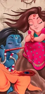 Cartoon art of Krishna and Radha with vibrant colors.