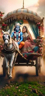 Krishna and Radha in chariot, mythical art.