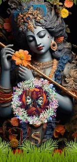 Colorful Krishna playing flute, surrounded by flowers and plants.