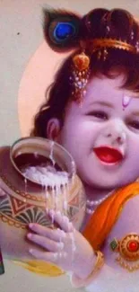 Artistic depiction of child Krishna with a pot, vibrant and traditional.