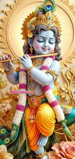 Divine artwork of Krishna playing flute with gold background.