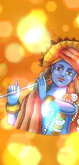 Colorful Krishna with flute orange-themed wallpaper.