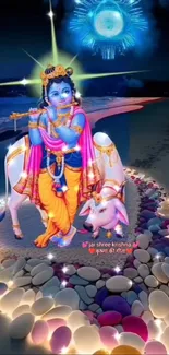 Divine Krishna and cow under celestial sky mobile wallpaper.