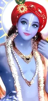 Vibrant portrait of Lord Krishna in traditional attire with a radiant backdrop.