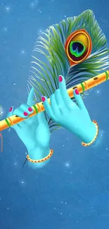 Divine blue hand playing flute with peacock feather on starry blue background.