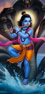 Krishna playing flute with serpents behind.