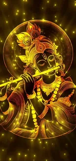 Artistic depiction of Lord Krishna playing the flute with golden glow.