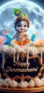 Divine baby Krishna on a festive cake under a full moon.