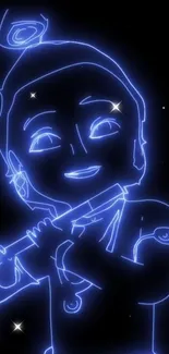 Neon blue outline of Krishna on a starry black background.