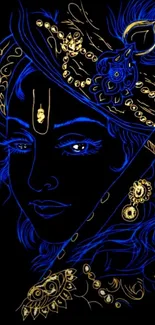 Neon art of Krishna with blue and gold highlights on a black background.