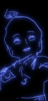 Neon blue Krishna playing flute on black background.