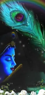 Krishna with peacock feather and rainbow.