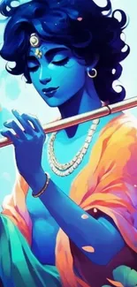 Colorful wallpaper of Krishna playing flute with vibrant blues.