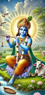 Lord Krishna playing flute in serene nature.