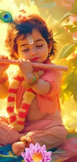 Mobile wallpaper of Lord Krishna playing the flute with a serene backdrop.