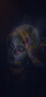 Spiritual Krishna wallpaper with a dark mystical background and a flute in hand.