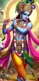 Vibrant Krishna artwork with divine and colorful elements.