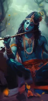 Lord Krishna playing the flute in a serene forest setting.