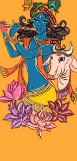 Illustration of Krishna with a flute and lotus, orange background.