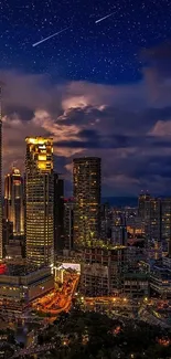 Kuala Lumpur skyline with towers and city lights at night under a starry sky.