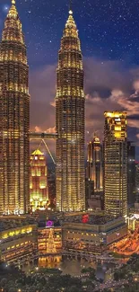 Kuala Lumpur skyline at night with illuminated towers and a starry sky.