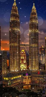 Kuala Lumpur cityscape illuminated under a starry night sky, showcasing stunning skyscraper views.