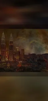 Kuala Lumpur cityscape at night with lights twinkling under a colorful sky.