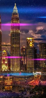 Kuala Lumpur cityscape at night with twin towers and illuminated buildings.