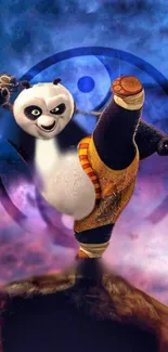 Kung Fu Panda action pose with a mystical blue background.