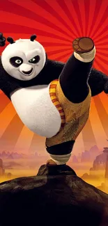 Kung Fu Panda action pose on vibrant background.