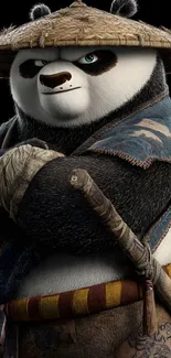 Kung Fu Panda in dynamic pose, wearing bamboo hat, against black background.