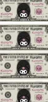 Kuromi styled dollar bill themed wallpaper for mobile.