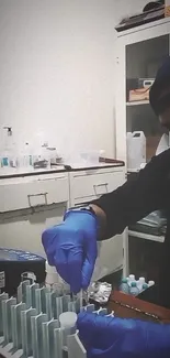 Lab technician wearing gloves performing experiments in a modern lab.