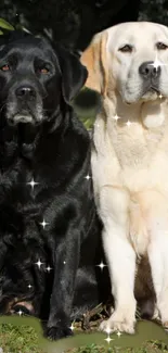 Two Labradors with sparkles in an outdoor setting, one black and one yellow.