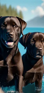 Two Labrador puppies play in a scenic, sunlit lake.