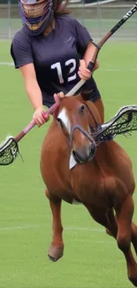 Lacrosse player and horse on green field.