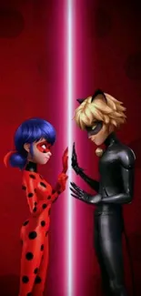 Ladybug facing Cat Noir with a red background.