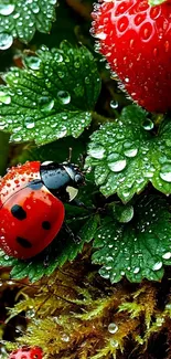 Close-up of a ladybug on dewy strawberry leaves.