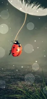 Ladybug on a dandelion seed with a misty backdrop.