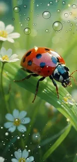 Ladybug on dewy leaves with white flowers in vibrant green background.