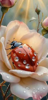 Ladybug on dewy rose surrounded by buds.
