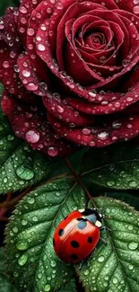 Ladybug on a dewy red rose and green leaf.