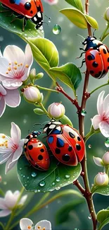 Ladybugs on cherry blossom branches with green leaves.