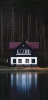 Lakeside house with forest background reflecting on calm water.