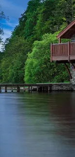 Rustic cabin by a tranquil lakeside with lush greenery and blue sky.