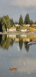 Lakeside view with village, trees, and wildlife reflections.