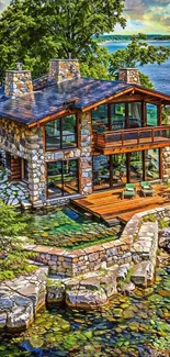 Lakeside stone house surrounded by water and greenery.