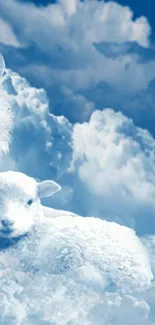 Lamb resting on fluffy clouds under a blue sky.