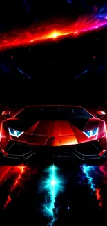 Lamborghini under neon lights in a night setting on mobile wallpaper.