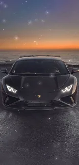 Lamborghini car by ocean at night with starry sky.